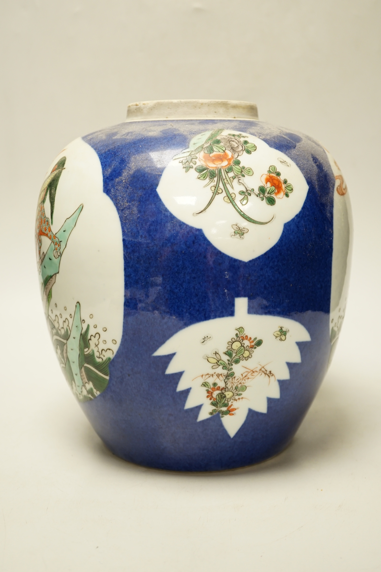 A large Samson powder blue ovoid jar enamelled in Chinese style, 26cm